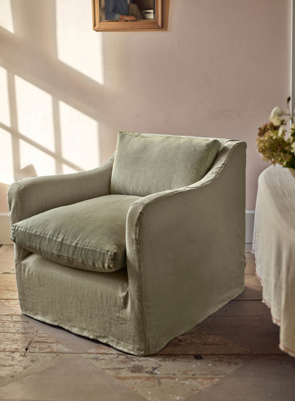 Warren Loose Cover Armchair, Olive Linen