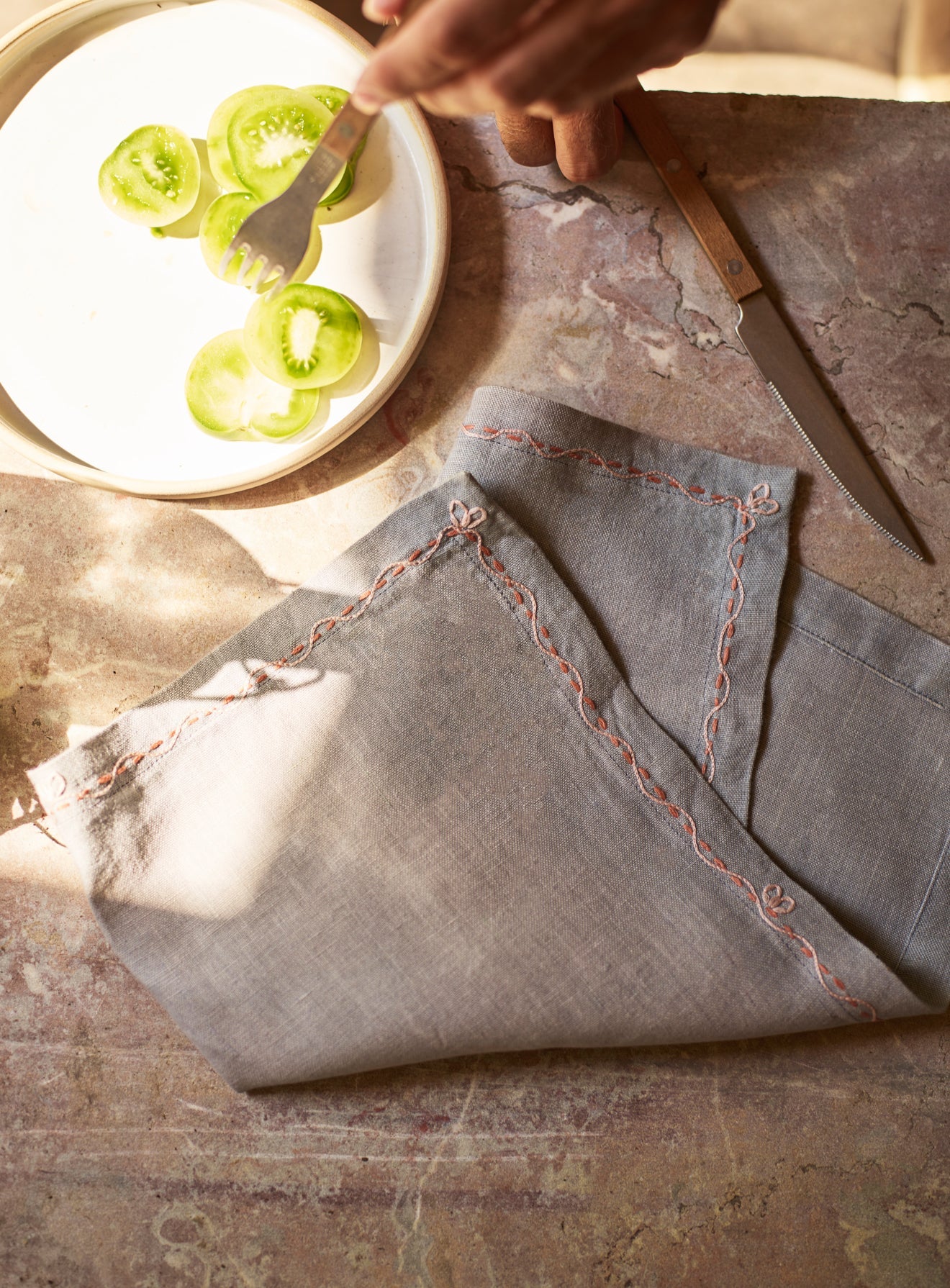 Embroidered Linen Napkin, Powder Blue, Set of Two