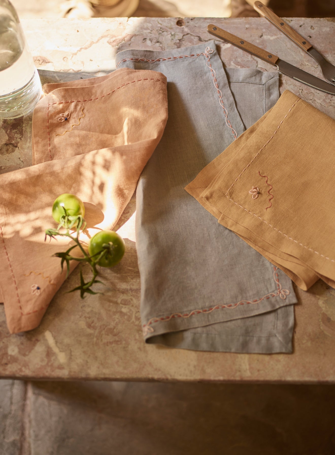 Embroidered Linen Napkin, Soft Peach, Set of Two