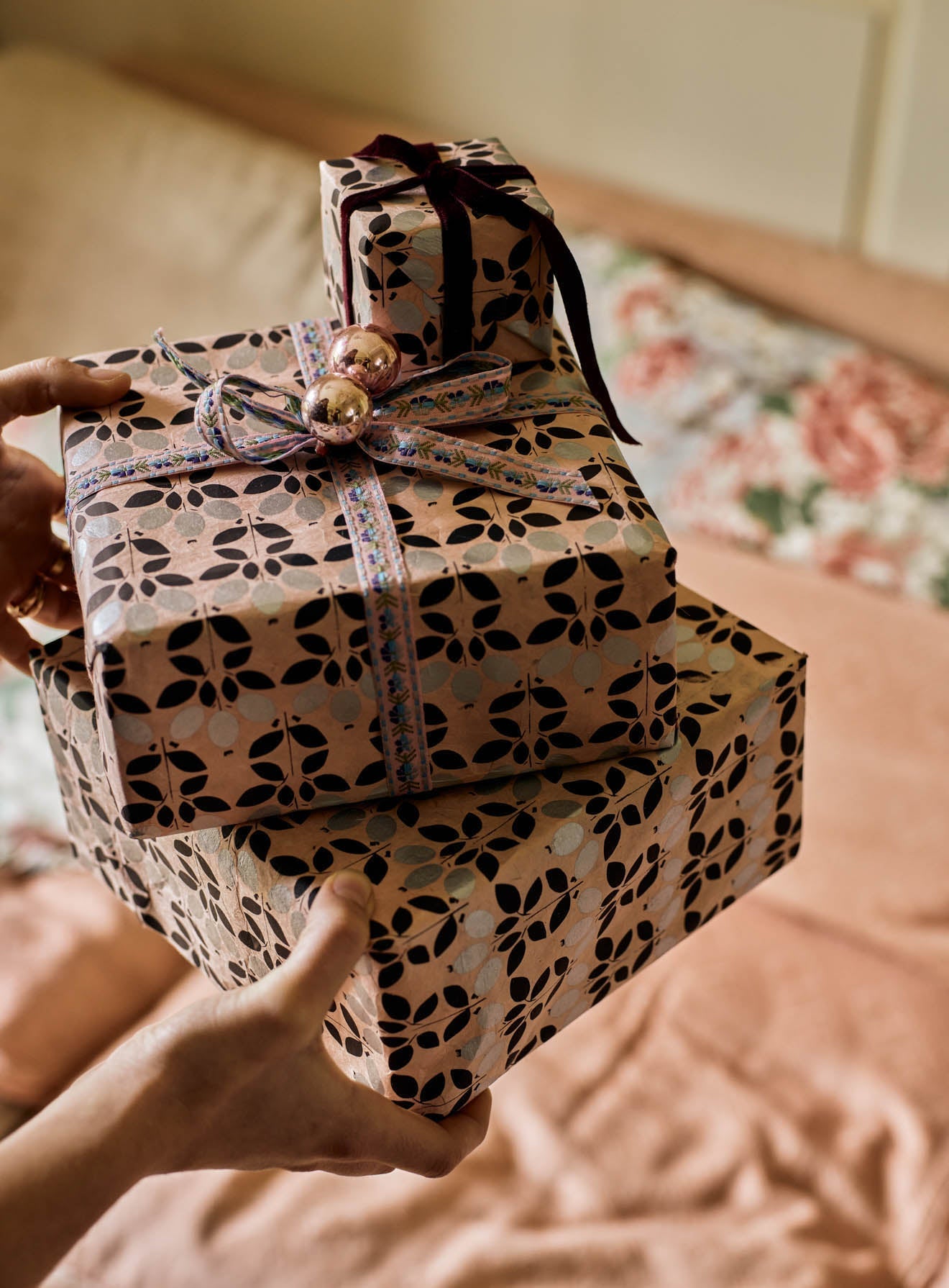 Handmade Wrapping Paper, Blush Floral, Set of Three