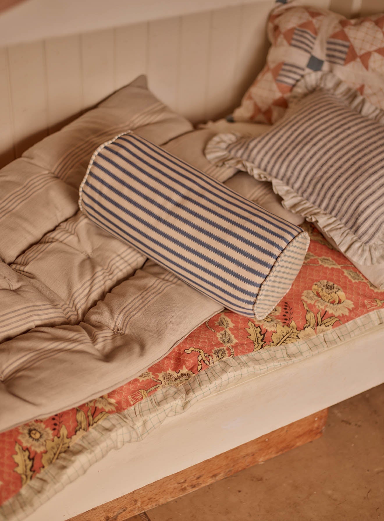 Bolster Cushion, Blue Ticking Stripe