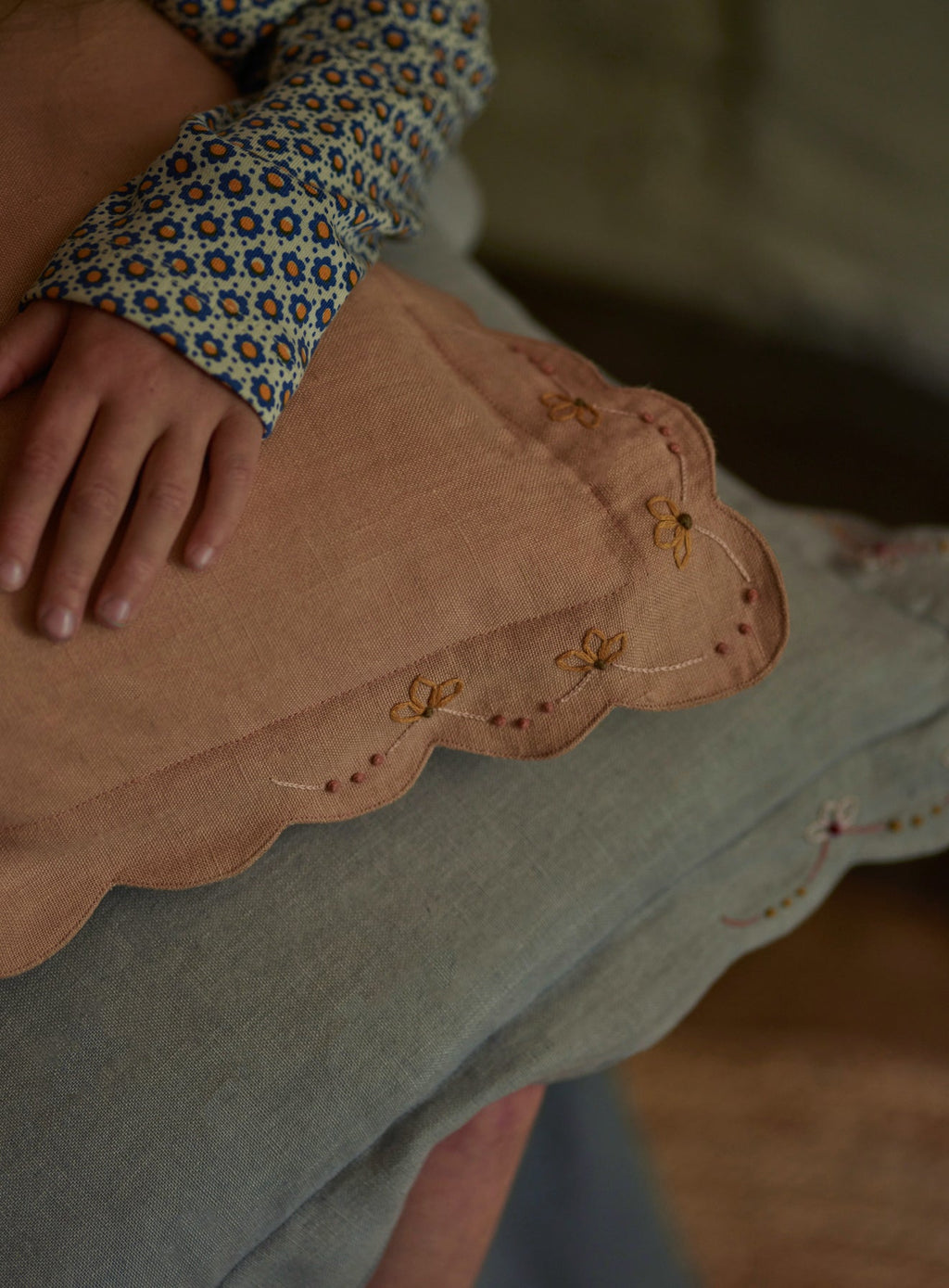 Grace Hand Embroidered Scalloped Cushion, Soft Peach