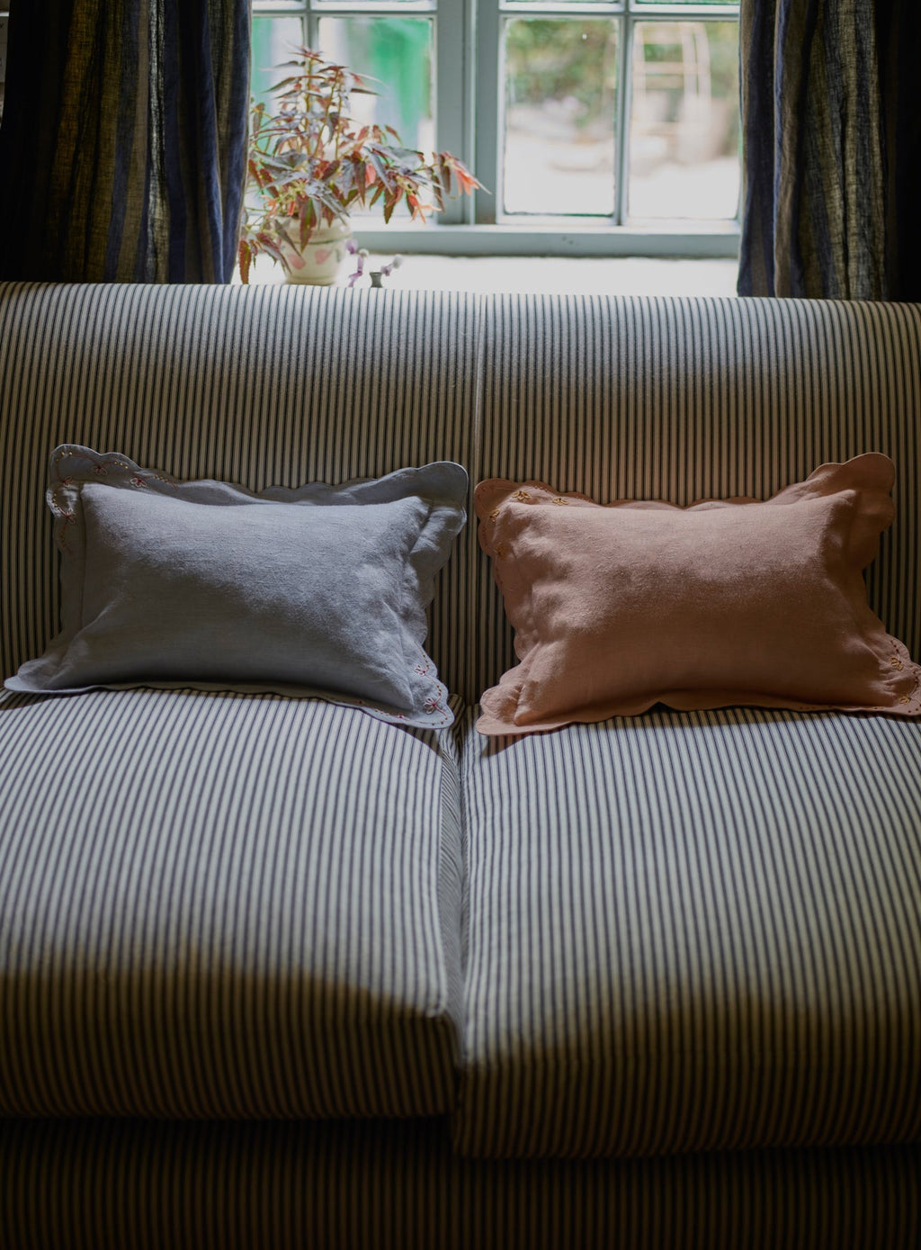 Grace Hand Embroidered Scalloped Cushion, Powder Blue