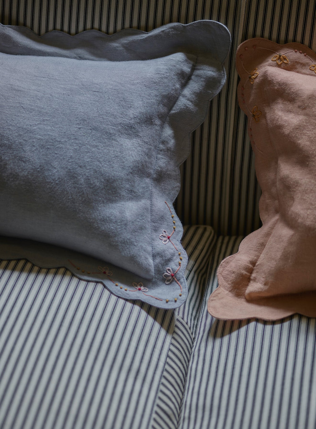 Grace Hand Embroidered Scalloped Cushion, Powder Blue