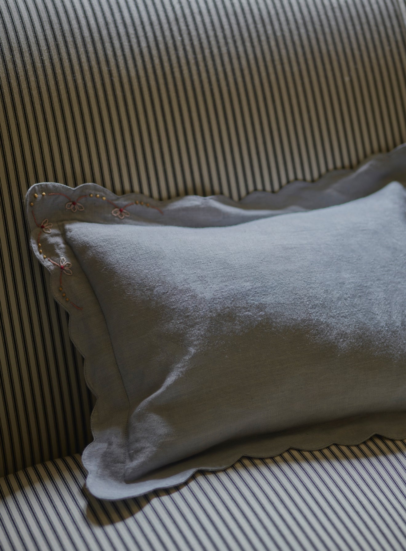 Grace Hand Embroidered Scalloped Cushion, Powder Blue