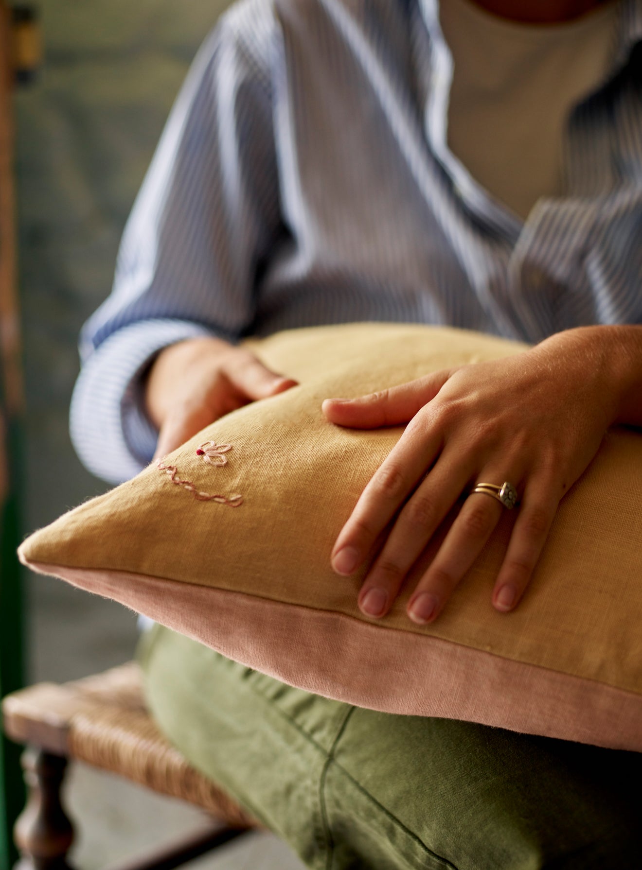 Grace Hand Embroidered Square Cushion, Honey Yellow