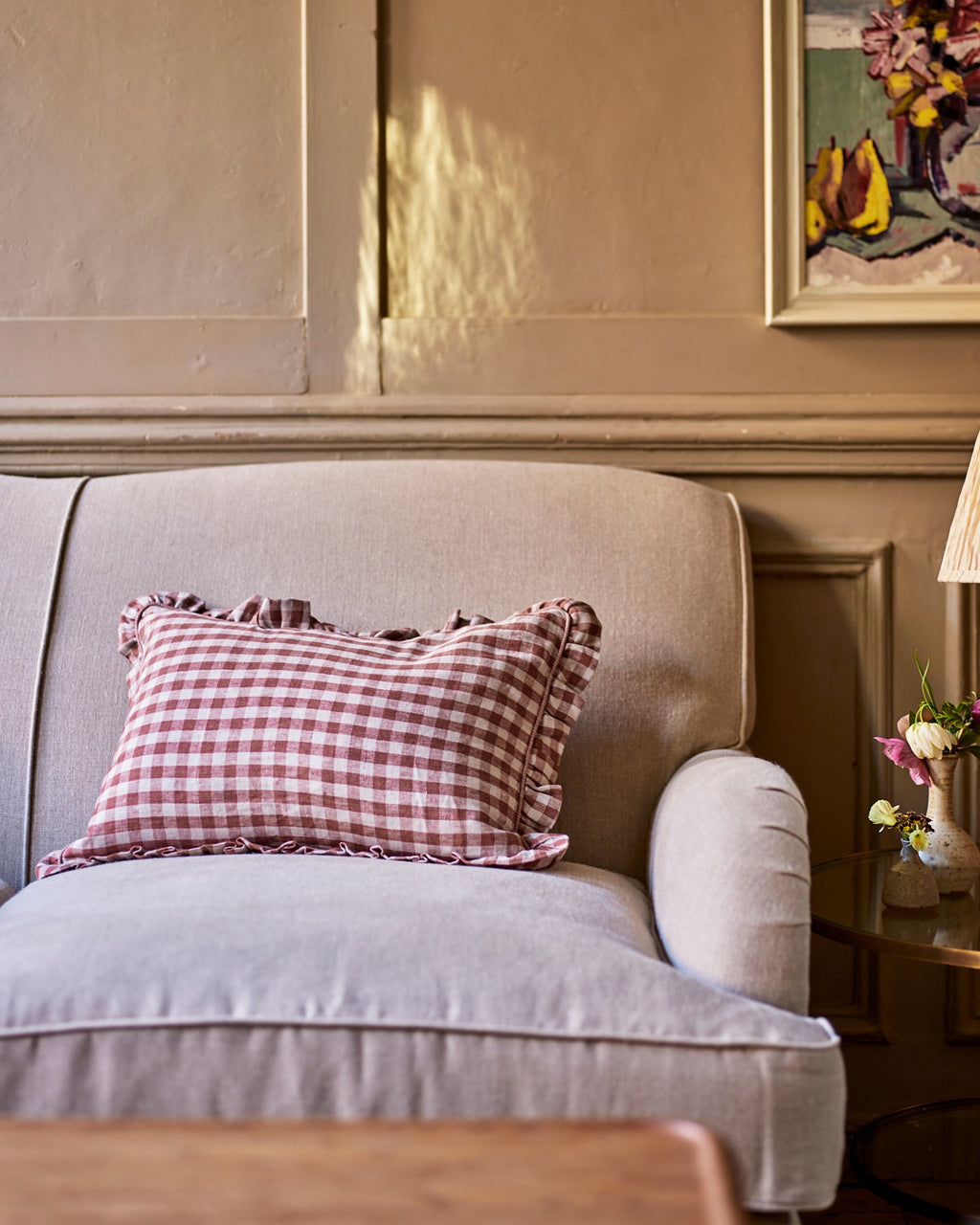 Tilly Gingham Frill Cushion, Blush Red