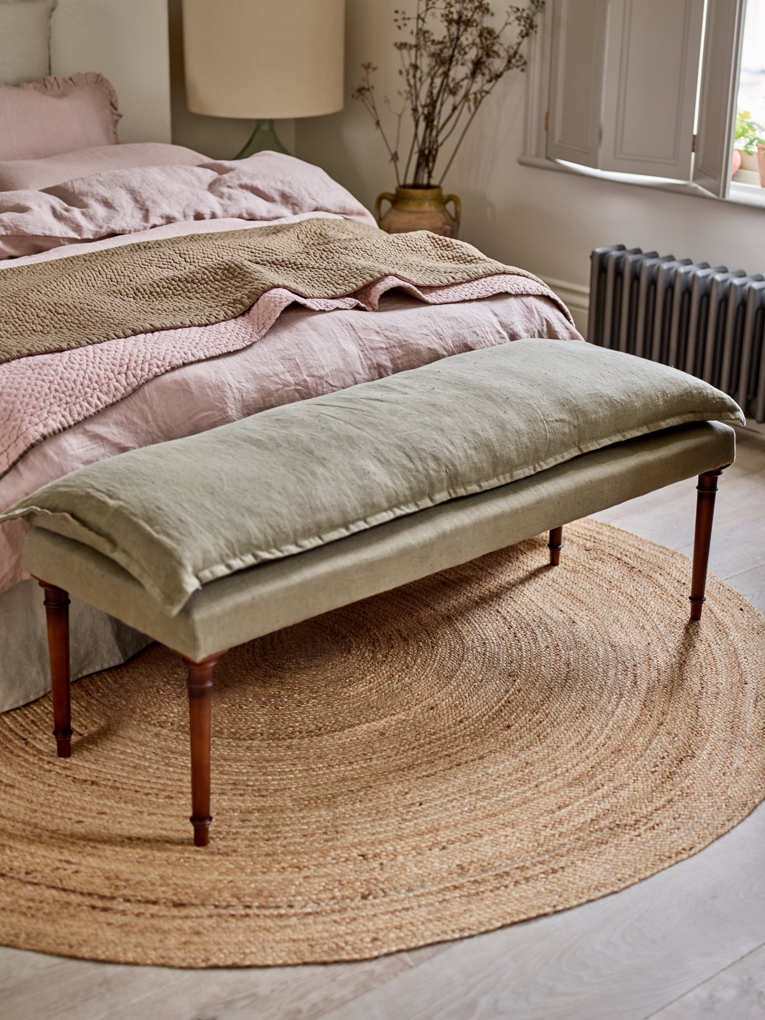 Mila Upholstered Bench, Plaster Pink Linen