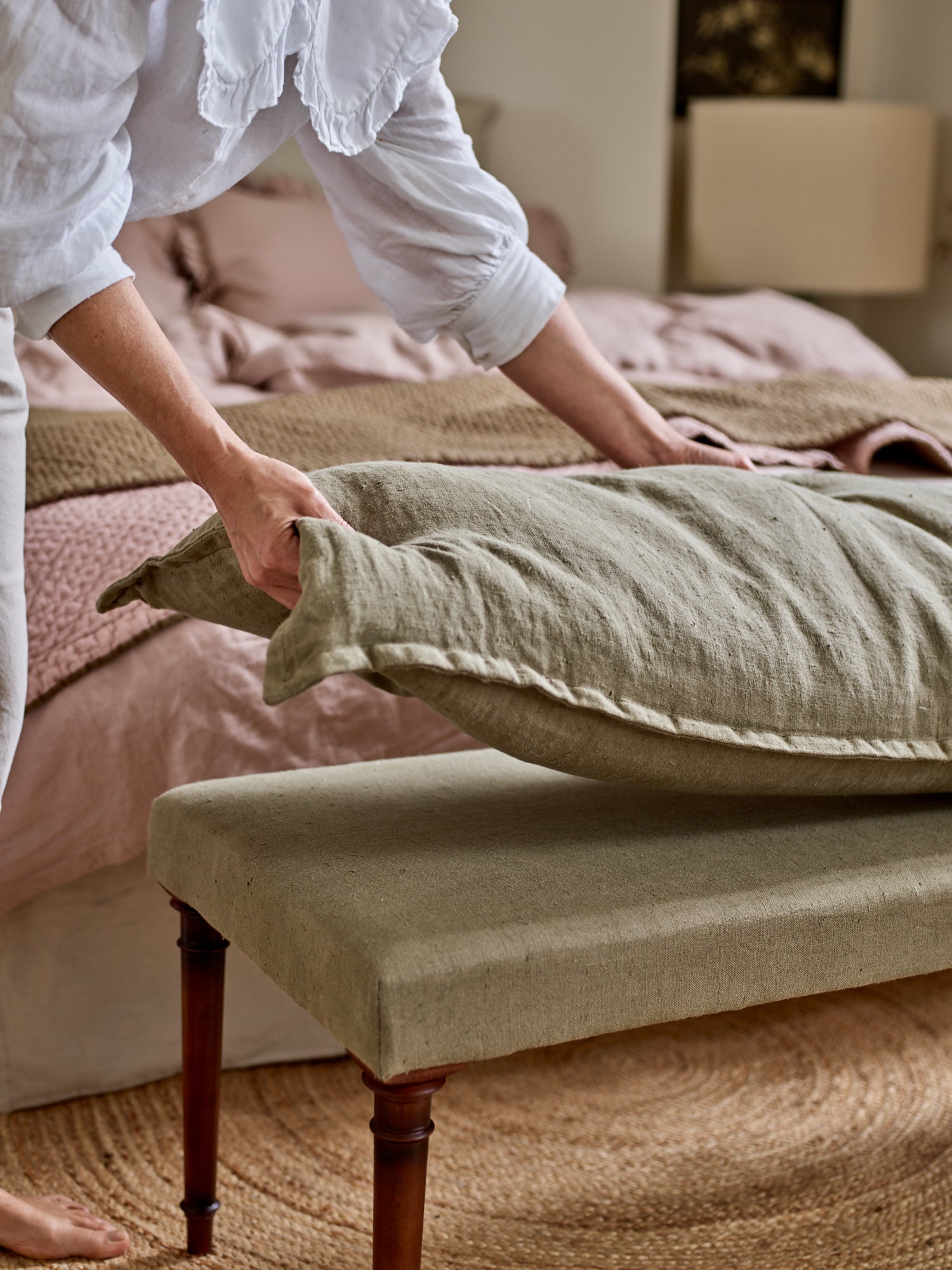 Mila Upholstered Bench, Parchment Cotton