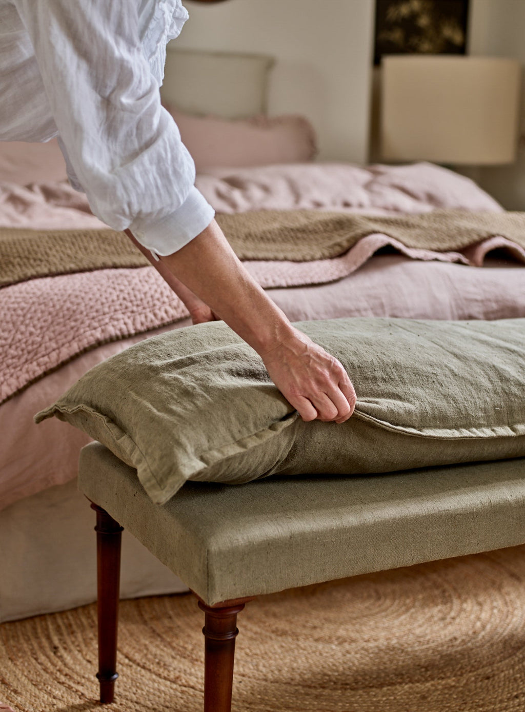 Mila Upholstered Bench, Olive Linen