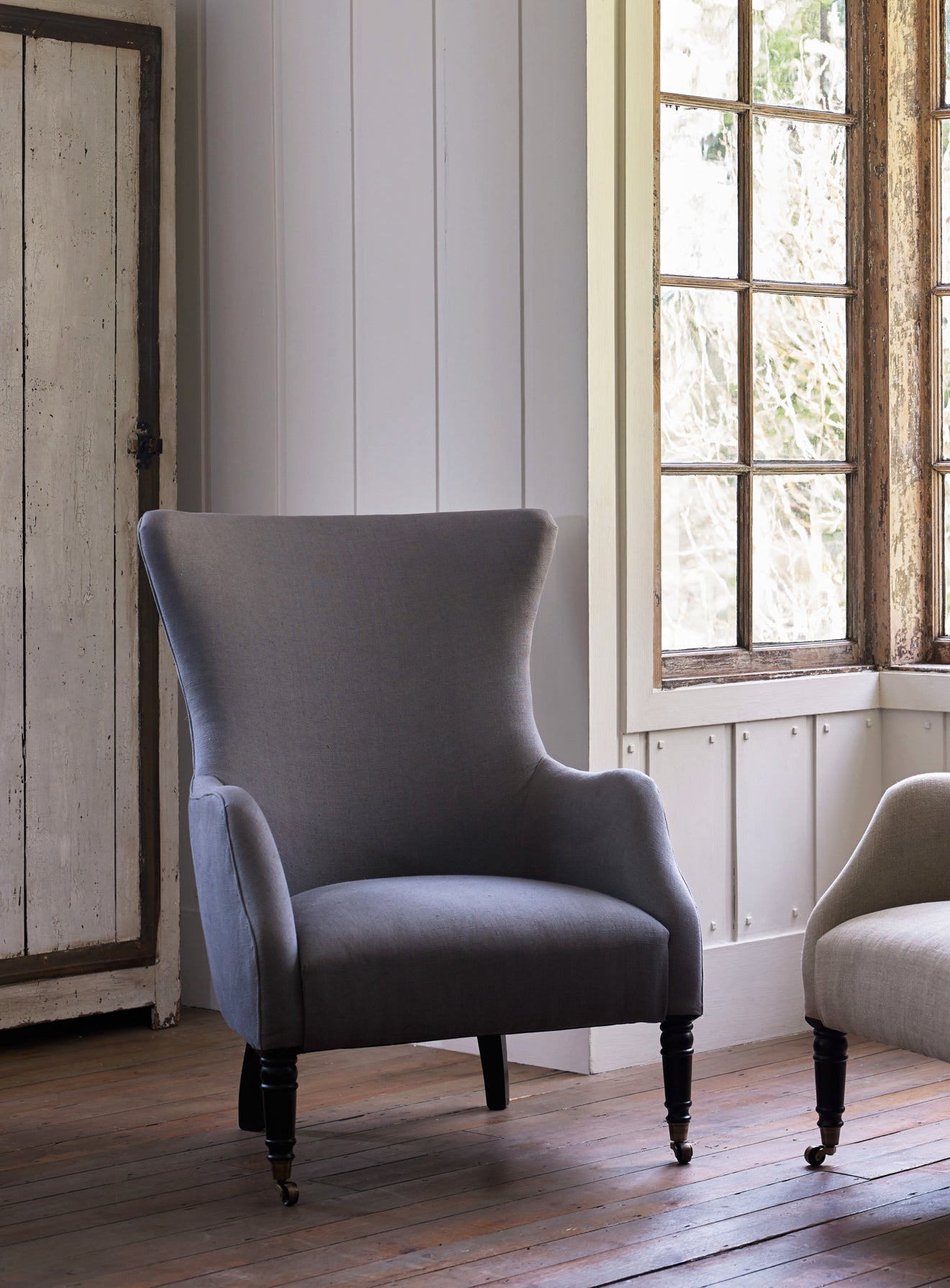 Bromley Wingback Chair, Grey Linen (Black Legs)