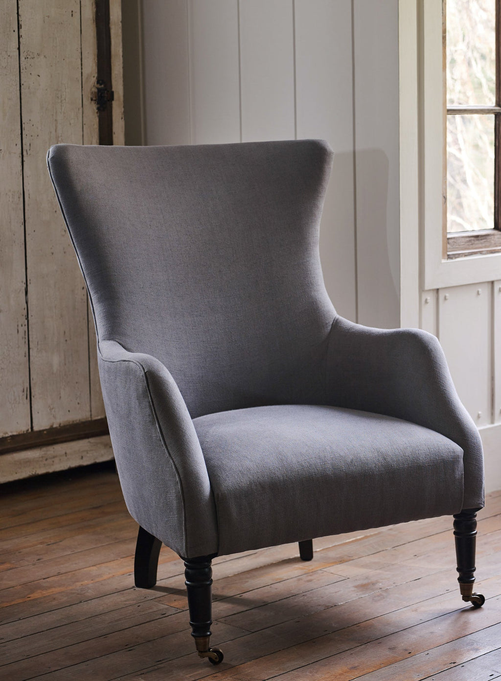 Bromley Wingback Chair, Grey Linen (Black Legs)