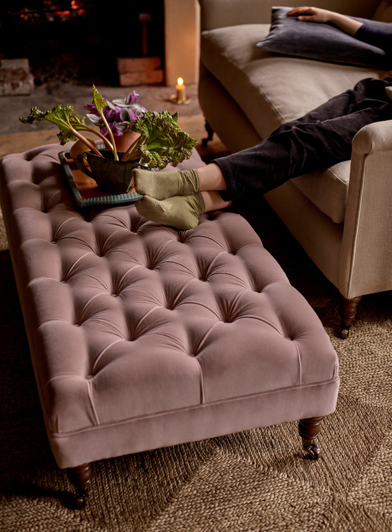 Elbert Ottoman, Blue Ticking Stripe