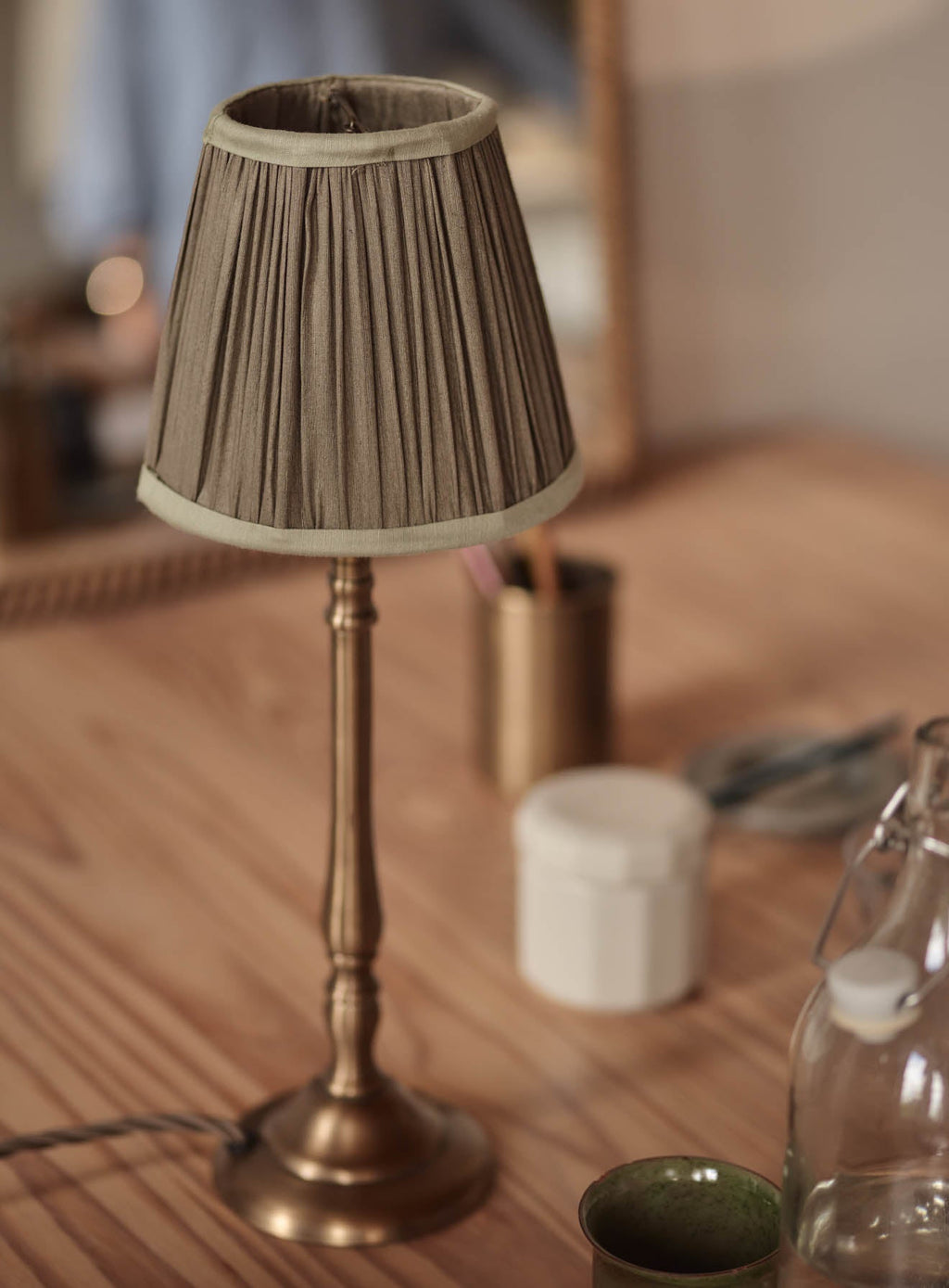 Gathered Silk Lampshade, Small, Olive