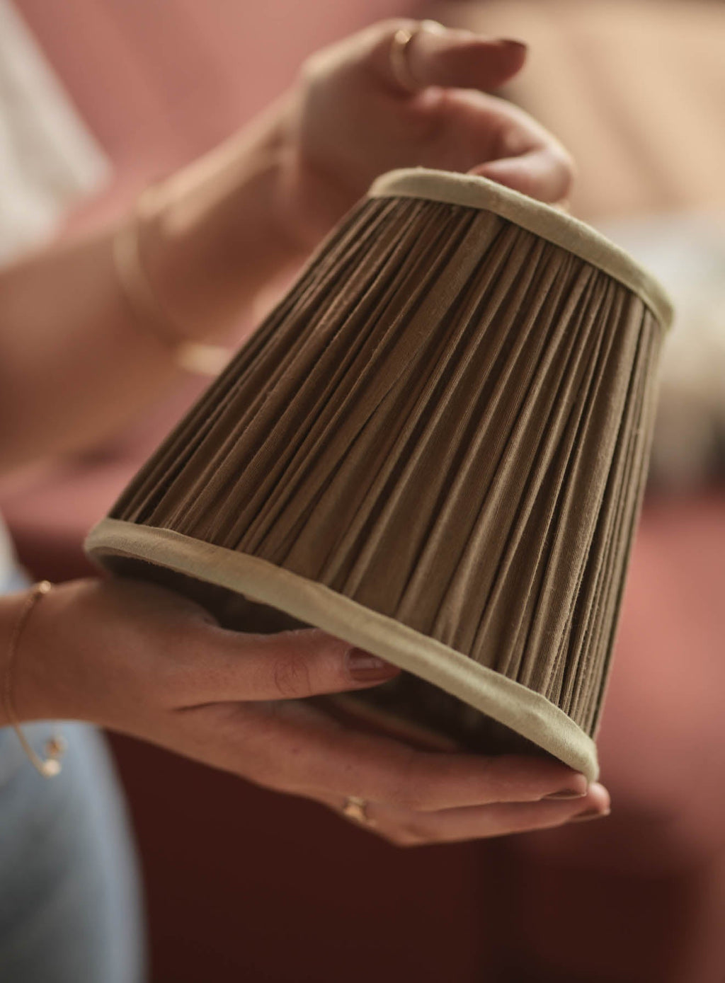 Gathered Silk Lampshade, Small, Olive