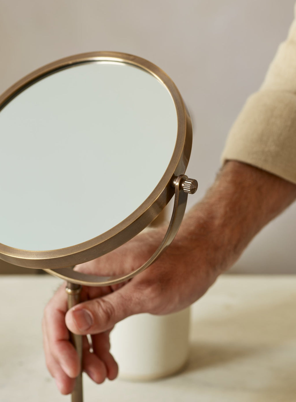 Bilton Pedestal Mirror, Antique Brass
