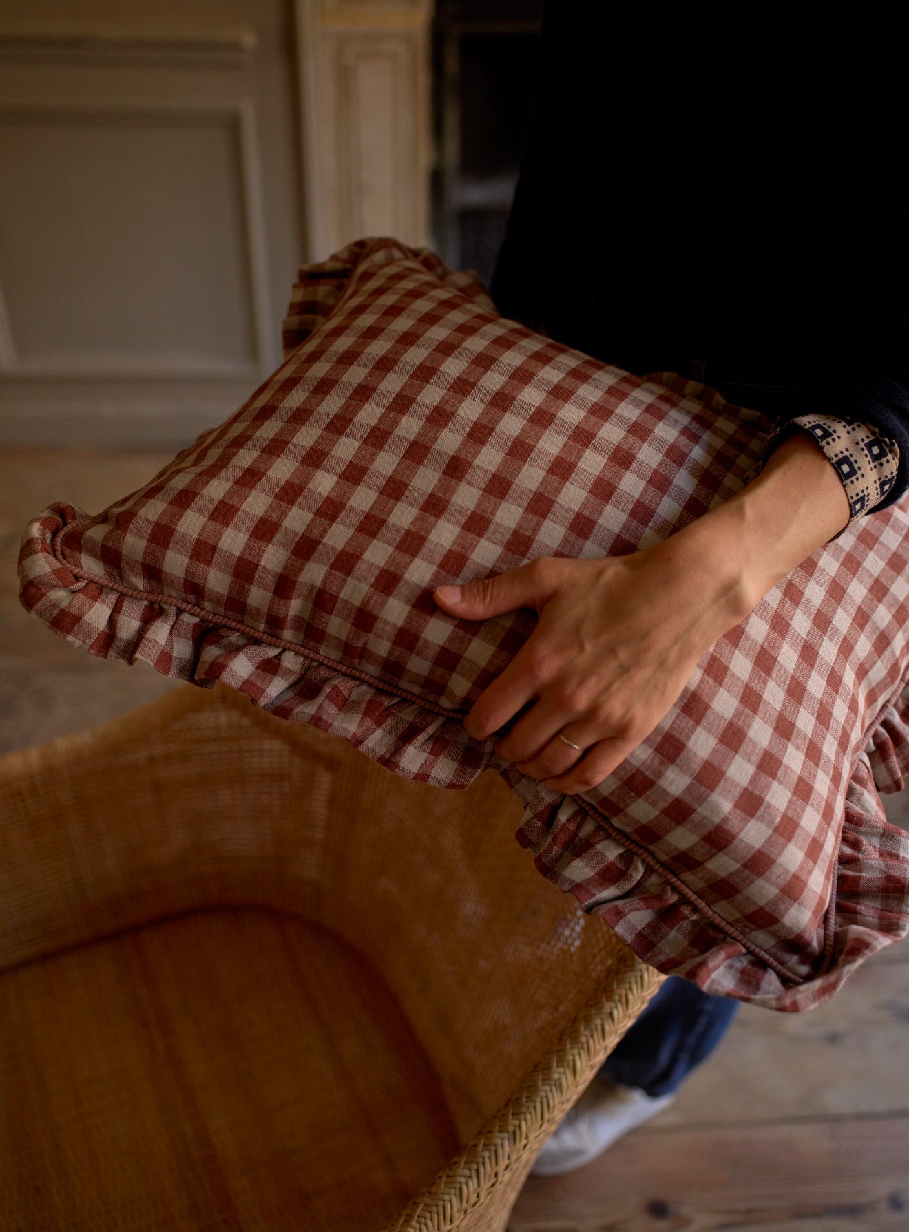 Tilly Gingham Frill Cushion, Blush Red