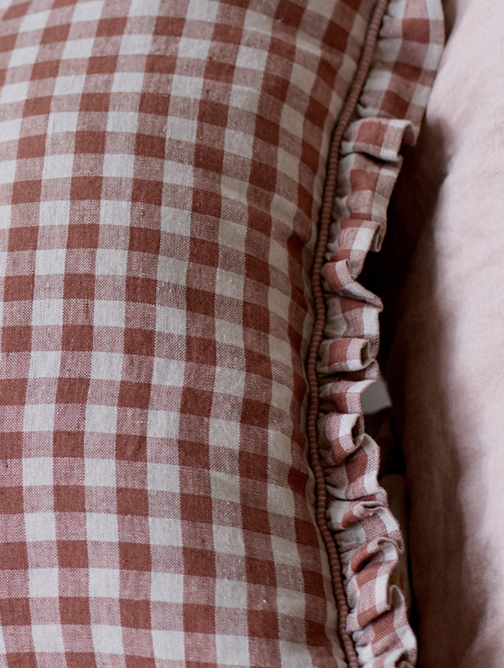 Tilly Gingham Frill Cushion, Blush Red