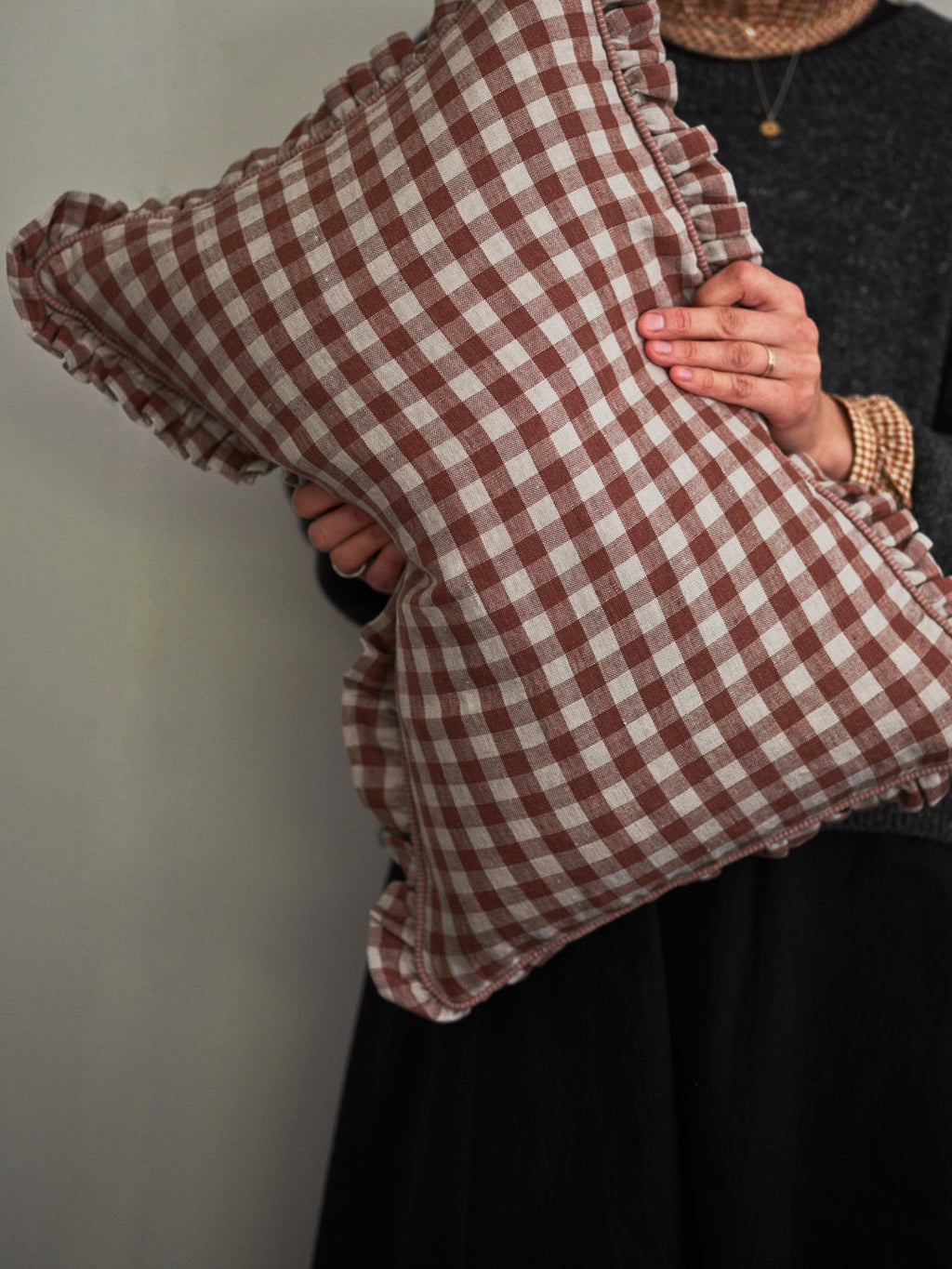 Tilly Gingham Frill Cushion, Blush Red