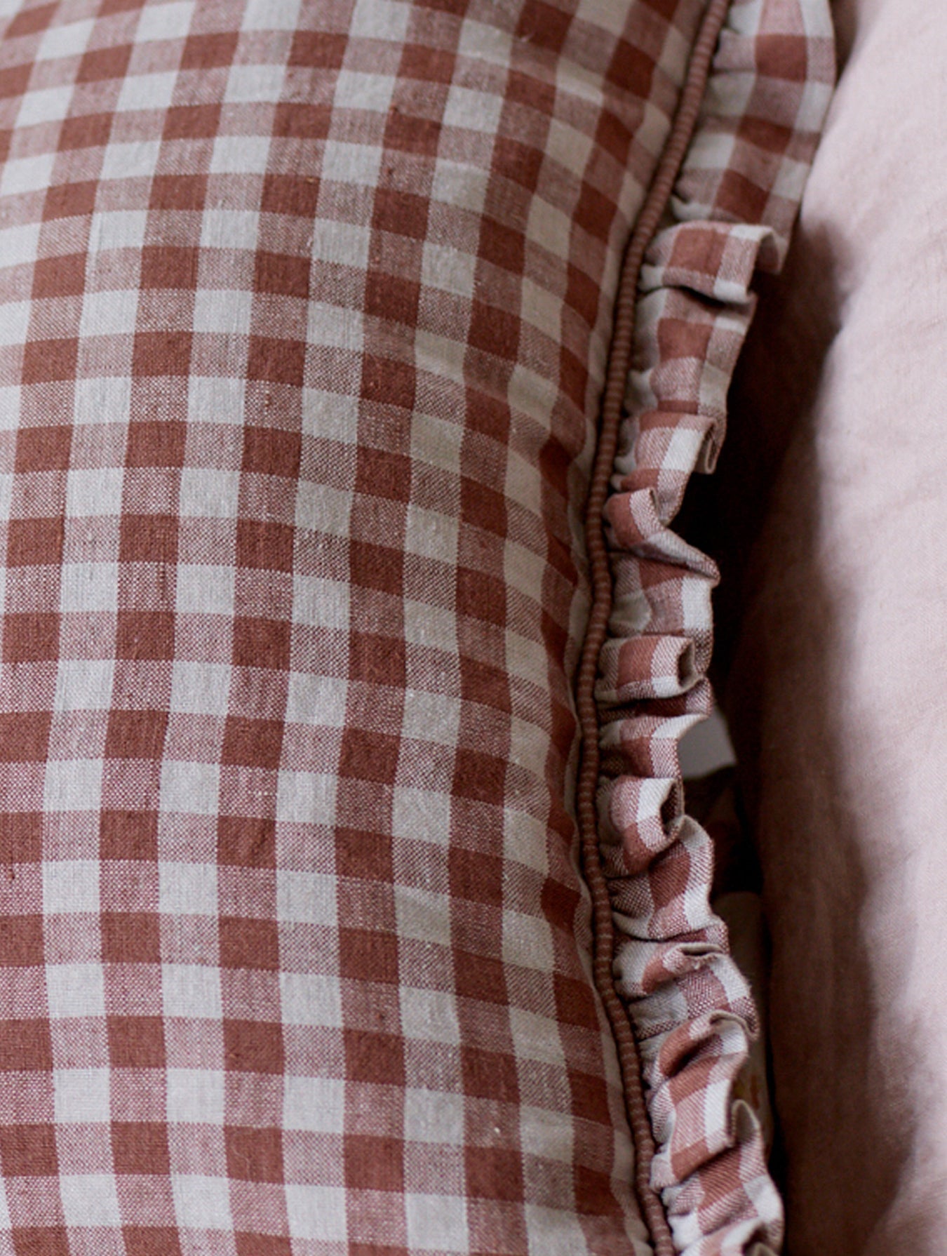 Tilly Gingham Frill Cushion, Blush Red