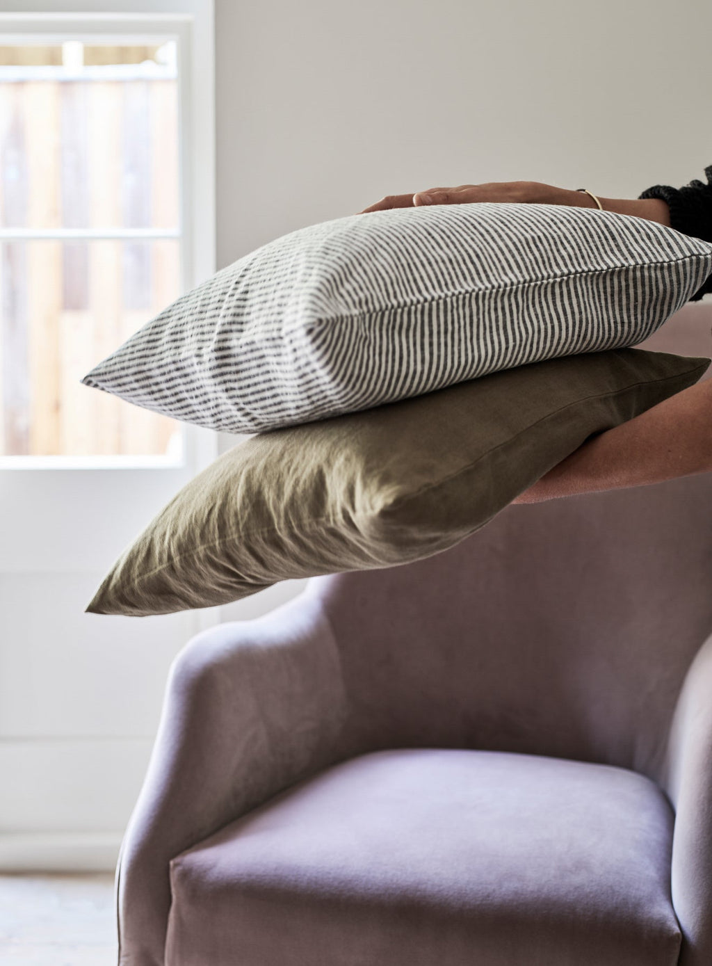 Washed Linen Cushion Cover, Fine Black Stripe