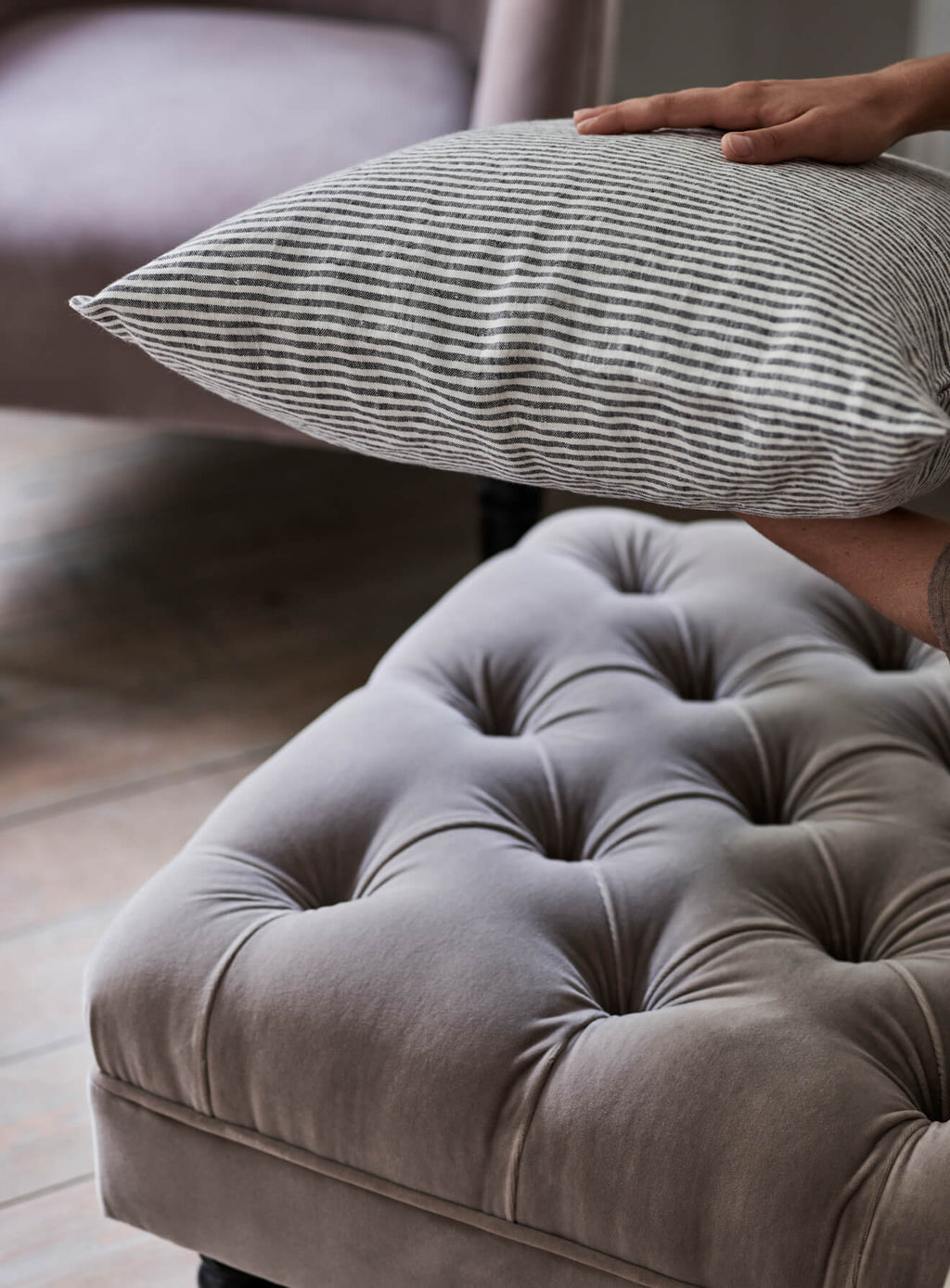 Washed Linen Cushion Cover, Fine Black Stripe